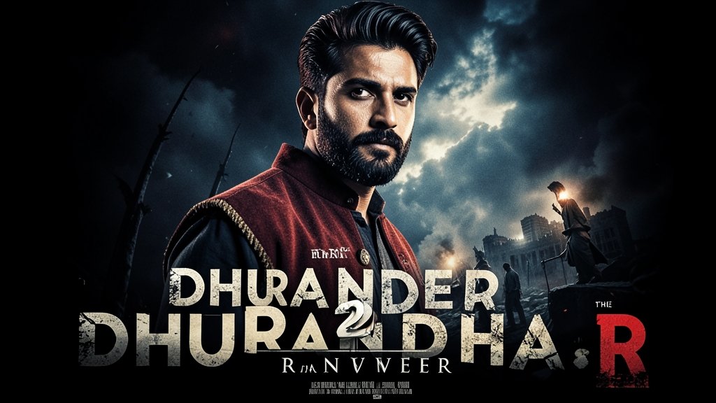 A dramatic movie poster of Dhurandhar 2: The Revenge featuring Ranveer Singh in the lead role, with a dark and intense background.