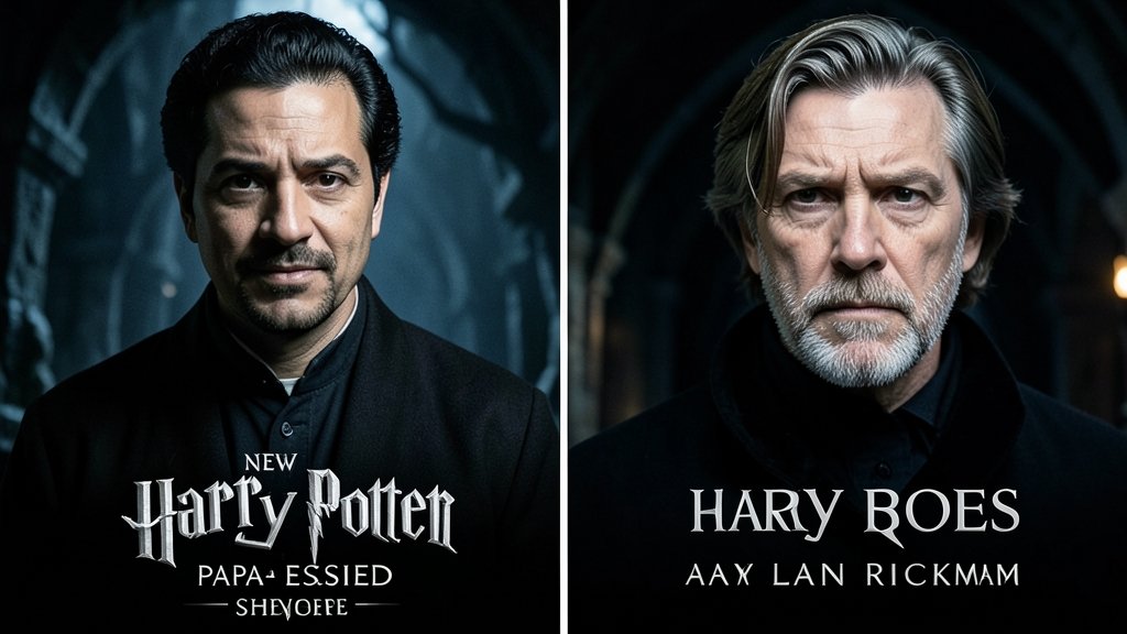 A photo of Paapa Essiedu as Snape in the new Harry Potter series, with a split-screen comparison to the original Snape played by Alan Rickman