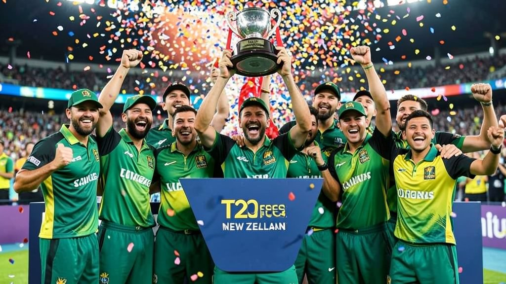 A photo of the South African cricket team celebrating their T20 series win over New Zealand with a trophy and confetti in the background