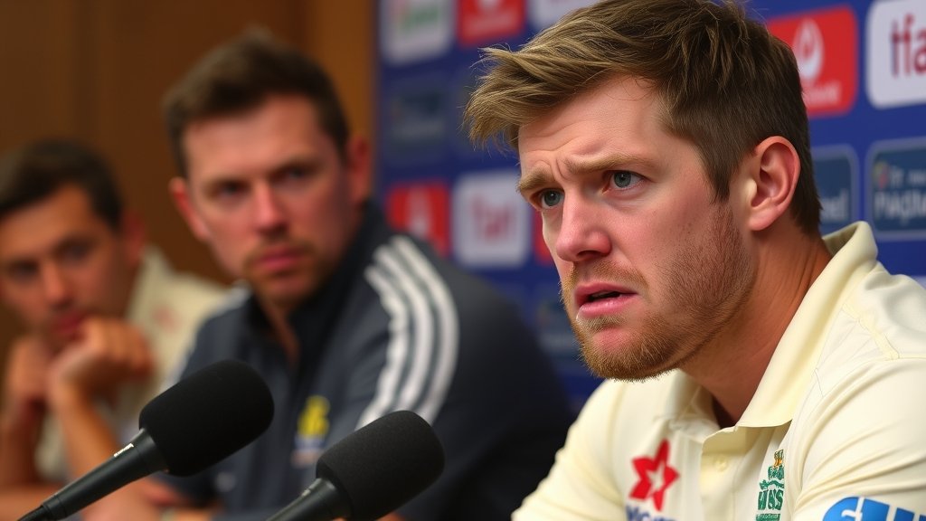 A photo of David Warner looking frustrated or angry during a press conference, with other cricket players or journalists in the background, capturing the tense moment.