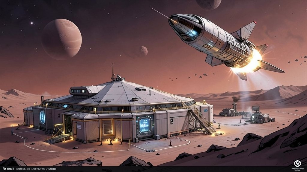 A futuristic illustration of a lunar base with a nuclear-powered spacecraft in the background, preparing for a mission to Mars.