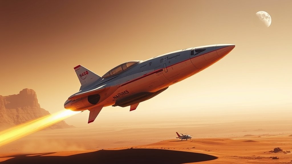 A futuristic illustration of NASA's nuclear-powered spacecraft SR-1 Freedom launching the Mars helicopter mission in 2028, with a background of the Martian landscape and a hint of the Earth in the distance.