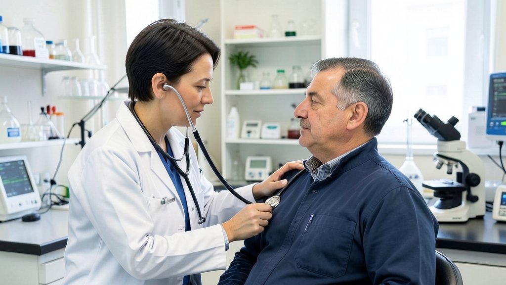 A doctor examining a patient with a stethoscope, with a background of a laboratory with various medical equipment and a microscope, highlighting the importance of diagnostic tools in fighting tuberculosis