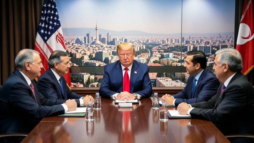 A photo of Donald Trump and Iranian leaders in a meeting, with a cityscape of Tehran in the background, symbolizing the diplomatic efforts between the US and Iran.