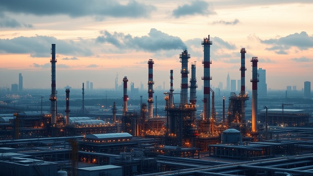 A realistic image of an oil refinery with a subtle background of a cityscape, conveying the idea of energy supply and urban development