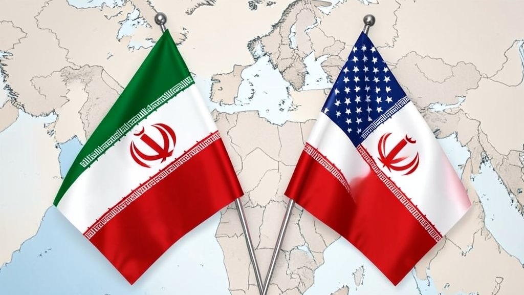 A detailed illustration of the Iranian and American flags with a subtle background of the Middle East map, symbolizing the complex diplomatic relations between the two nations.