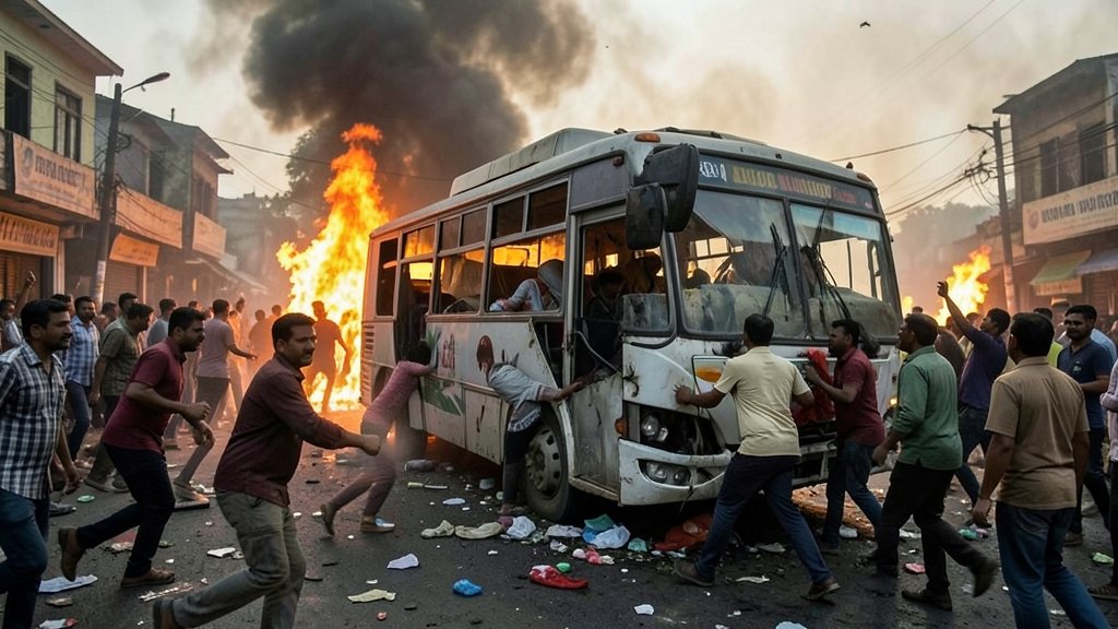 A dramatic image of a bus accident in India, with people running to help and flames in the background, conveying a sense of urgency and tragedy.