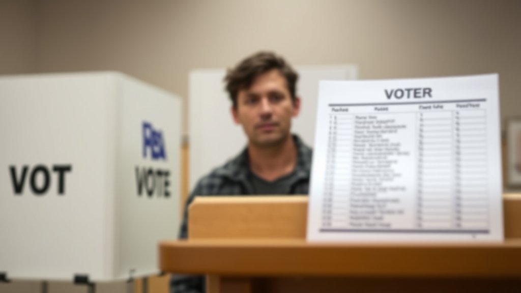 A photo of a person standing in front of a voting booth with a concerned expression, with a blurred background of a voter list in the foreground