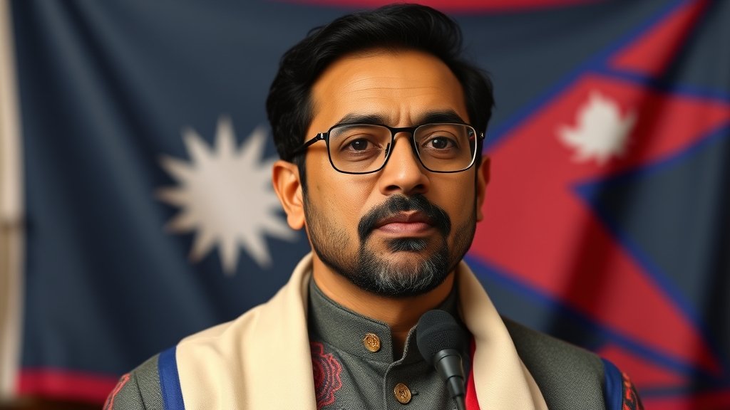 A photo of Balen Shah, the new Prime Minister of Nepal, with a background of the Nepalese flag and a subtle hint of his rapping career, such as a microphone or a music note.