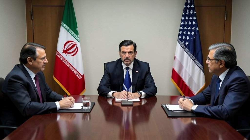 a photo of a diplomatic meeting between representatives of Pakistan, Iran, and the US, with a neutral background and a sense of tension in the air