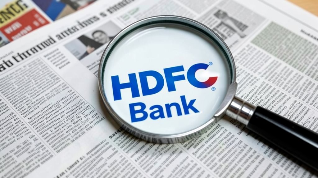 A photo of the HDFC Bank logo with a magnifying glass over it, symbolizing scrutiny and investigation, on a background of financial newspapers and documents.