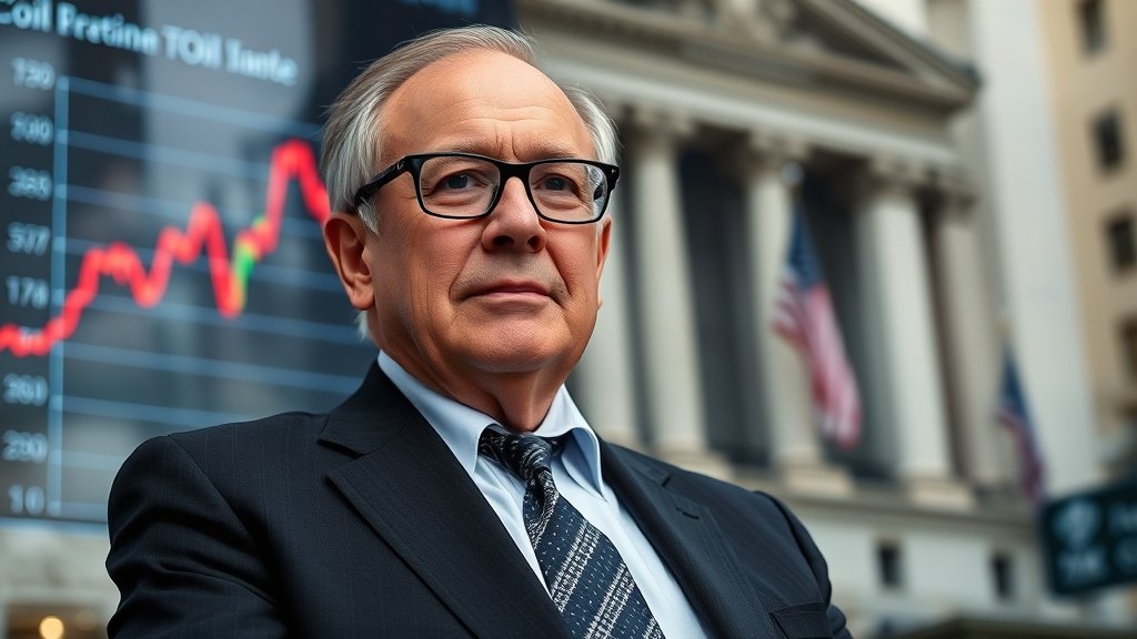 A graph showing the fluctuations in oil prices and a picture of Larry Fink, CEO of BlackRock, with a subtle background of the New York Stock Exchange