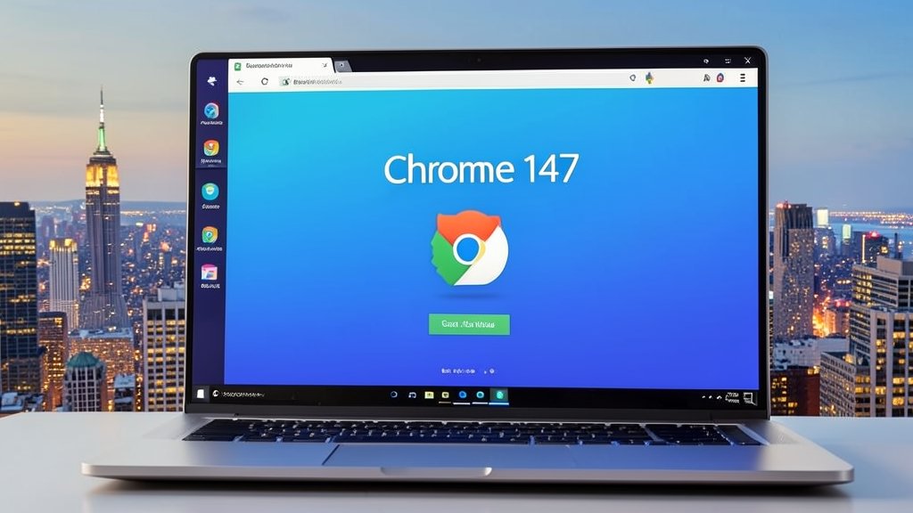 A screenshot of the new Chrome 147 browser on a Windows laptop, with a cityscape in the background, symbolizing the browser's ability to navigate the vast online world.