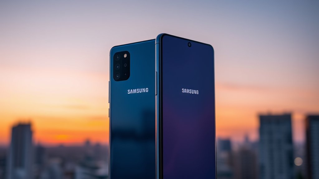 A high-quality image of the Samsung Galaxy A57 5G and Galaxy A37 5G smartphones side by side, with a blurred background of a cityscape at sunset.