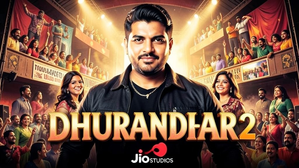 A poster of the movie Dhurandhar 2 with the Jio Studios logo and a background of Bollywood film sets and celebrities