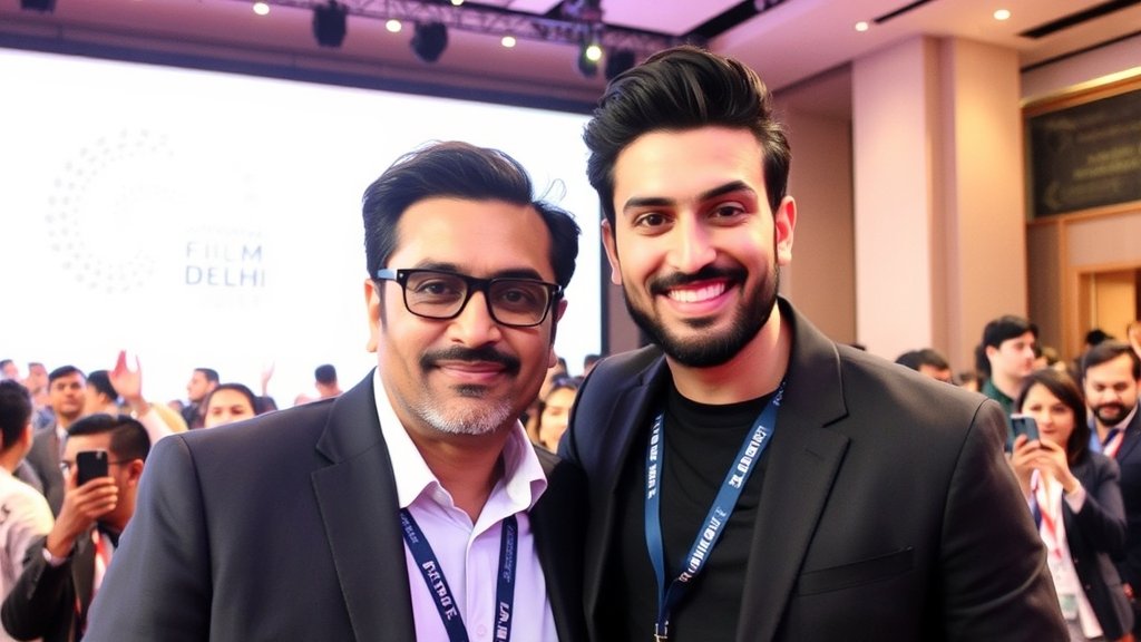 A photo of Aditya Dhar and Ranveer Singh together at the International Film Festival Delhi, with a backdrop of the festival's logo and a crowd of people cheering.