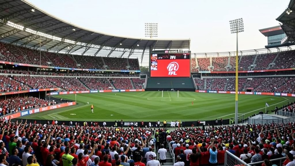 A photo of a cricket stadium with a packed crowd, with the IPL logo prominently displayed on the scoreboard