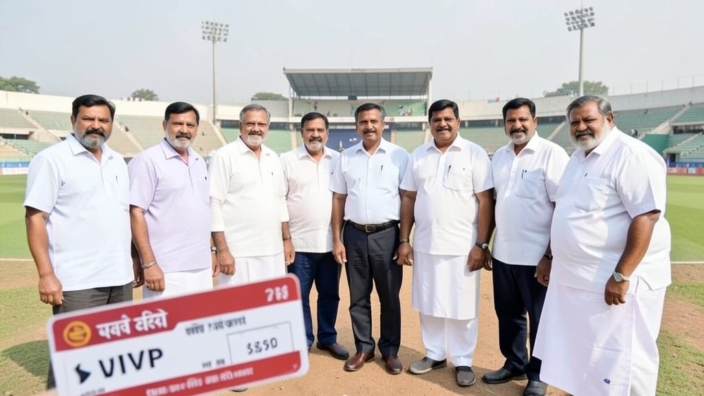 A photo of a group of Karnataka MLAs standing together, with a cricket stadium in the background, and a subtle hint of a VIP pass or ticket in the foreground, conveying the idea of exclusive access and privilege.