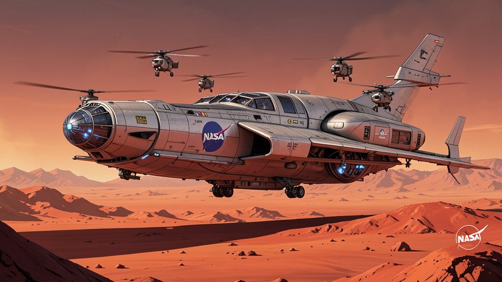 A futuristic illustration of a nuclear-powered spacecraft with helicopters on Mars, with the NASA logo visible on the spacecraft.