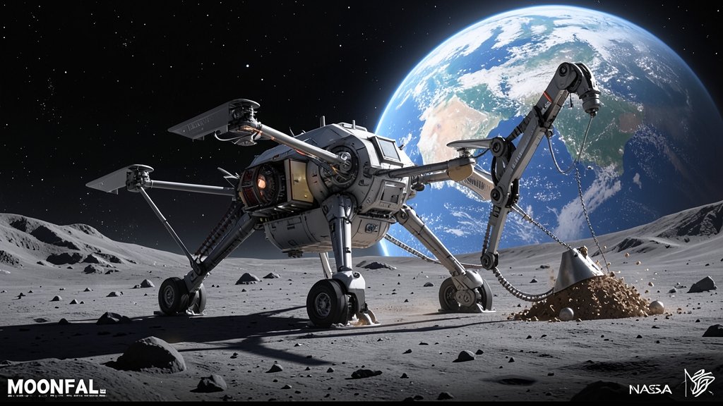 A futuristic illustration of a NASA Moonfall Drone landing on the lunar surface, with the Earth visible in the background, and a robotic arm extending from the drone to collect samples.