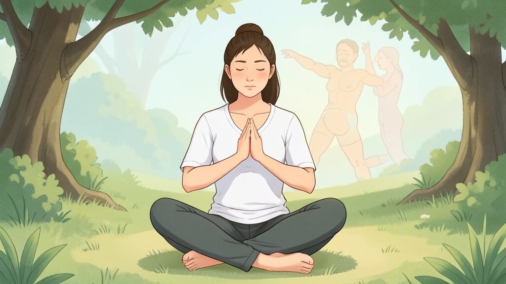 A serene illustration of a person practicing deep breathing exercises in a natural setting, with a subtle background hint of osteopathic manipulation, conveying a sense of holistic healing and respiratory well-being.