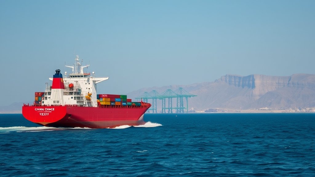 A photograph of a Chinese cargo ship navigating through the Strait of Hormuz, with the Iranian coastline in the background, highlighting the geopolitical tensions in the region.