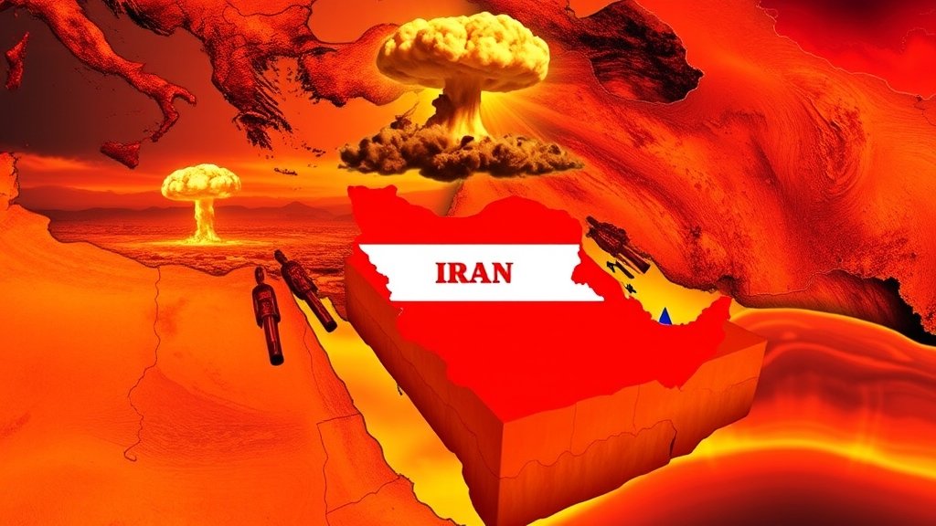 A dramatic illustration of a map of the Middle East with Iran and Israel highlighted, with a background of a bombed-out cityscape and a mushroom cloud rising in the distance