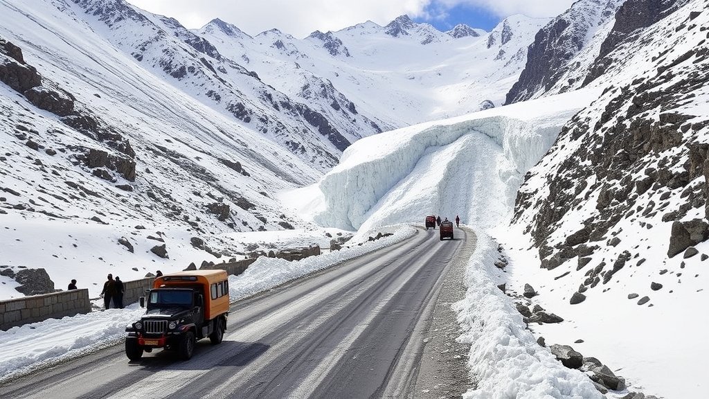 A dramatic image of an avalanche hitting the Srinagar-Leh National Highway, with rescue teams and vehicles in the background, set against the stunning landscape of the Zojila Pass.