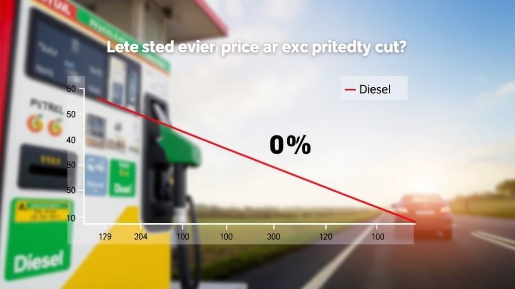 A graph showing the decrease in petrol and diesel prices after the government's excise duty cut, with a background image of a fuel pump and a car driving in the distance