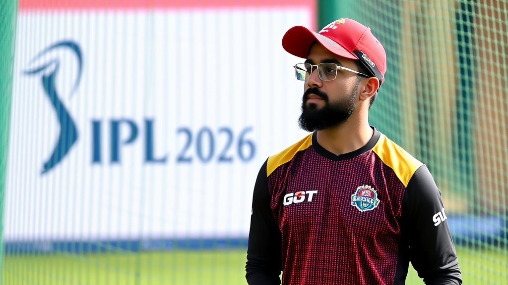 A photo of Virat Kohli practicing in the nets with RCB coach Andy Flower watching him, with a backdrop of the IPL 2026 logo and the RCB team jersey