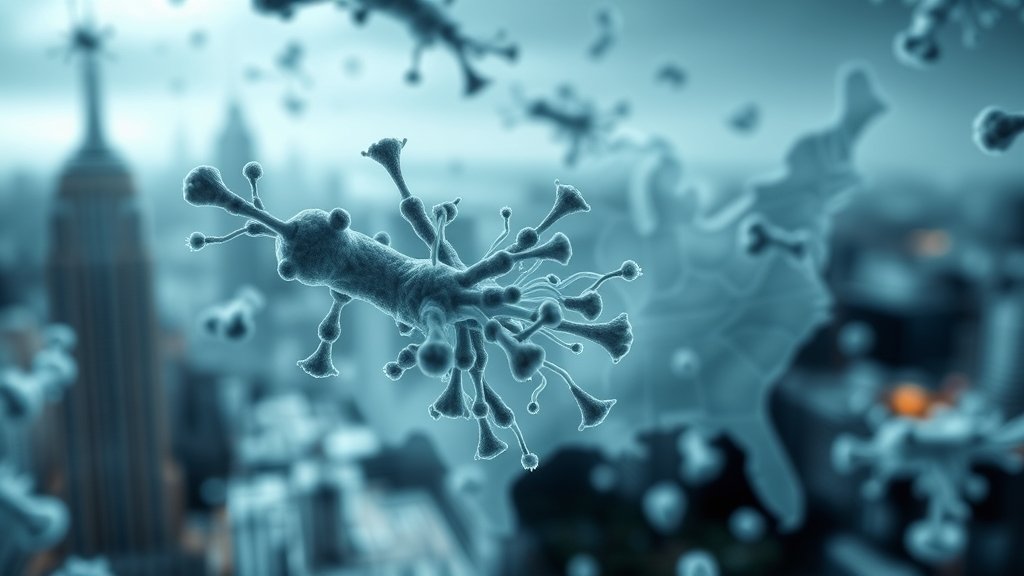 A microscopic image of Mycobacterium tuberculosis bacteria, with a subtle background of a cityscape or a map of the United States, highlighting the resurgence of TB in urban areas.