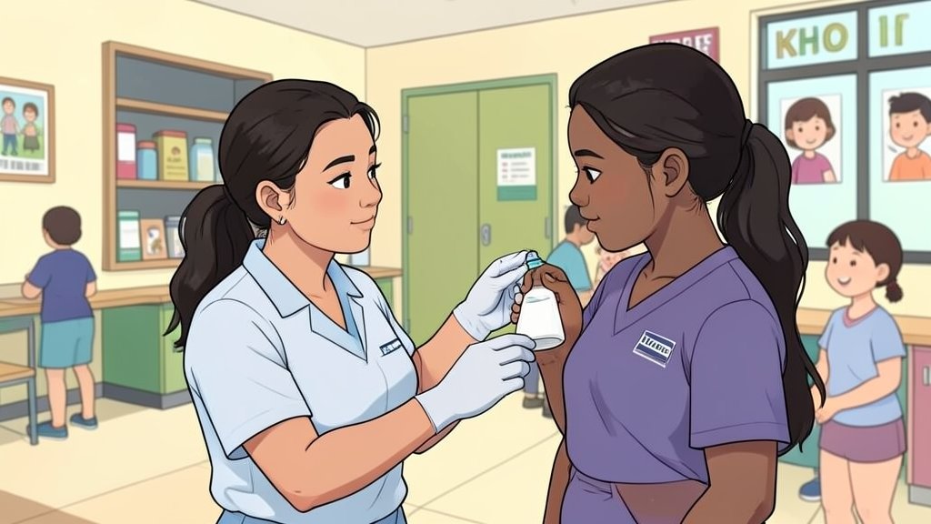 An illustration of a healthcare worker administering the HPV vaccine to a young girl, with a background of a school or community health center.