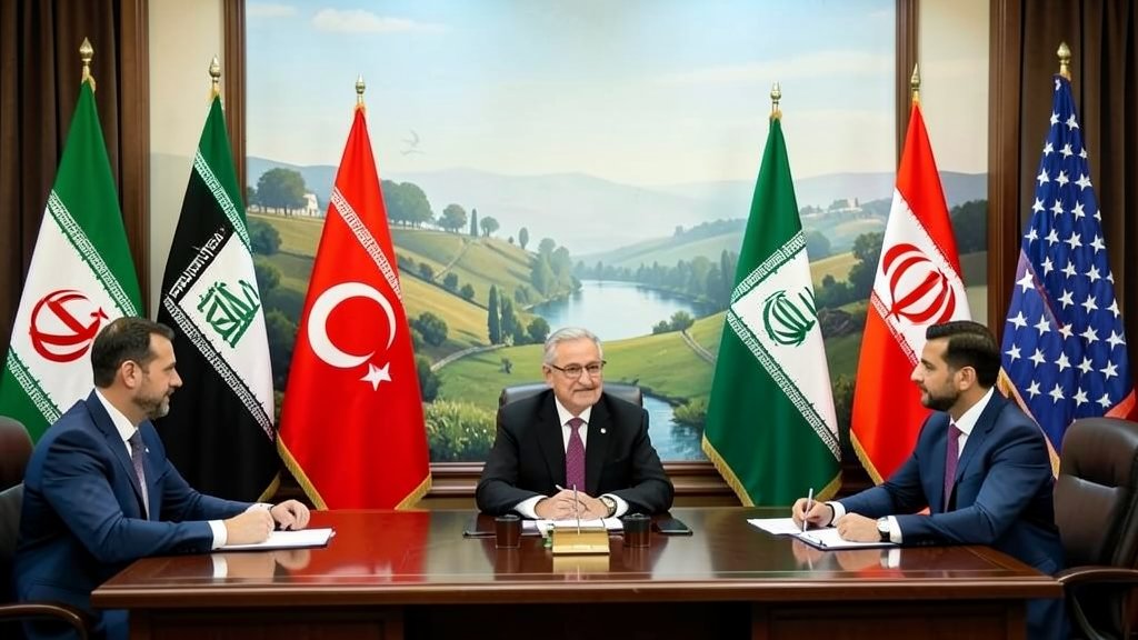 A photograph of the flags of Pakistan, Saudi Arabia, Turkey, Egypt, Iran, and the US, with a backdrop of a diplomatic meeting or a peaceful landscape, symbolizing the efforts towards peace and stability in the region.