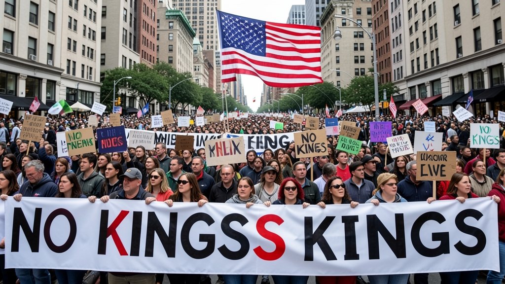 A large crowd of people holding signs and banners with the slogan "No Kings" in a city square, with a prominent American flag in the background.