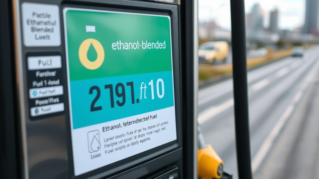 A photo of a petrol pump with a sign indicating the availability of ethanol-blended fuel, with a background of a cityscape or a highway.