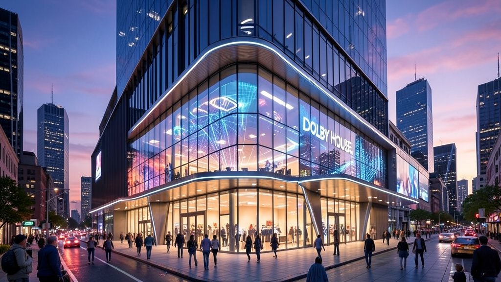 A futuristic, sleek, and modern building with a large glass façade, surrounded by a vibrant cityscape at dusk, with people walking and interacting with the building's exterior, highlighting the innovative design and technology of the Dolby House.