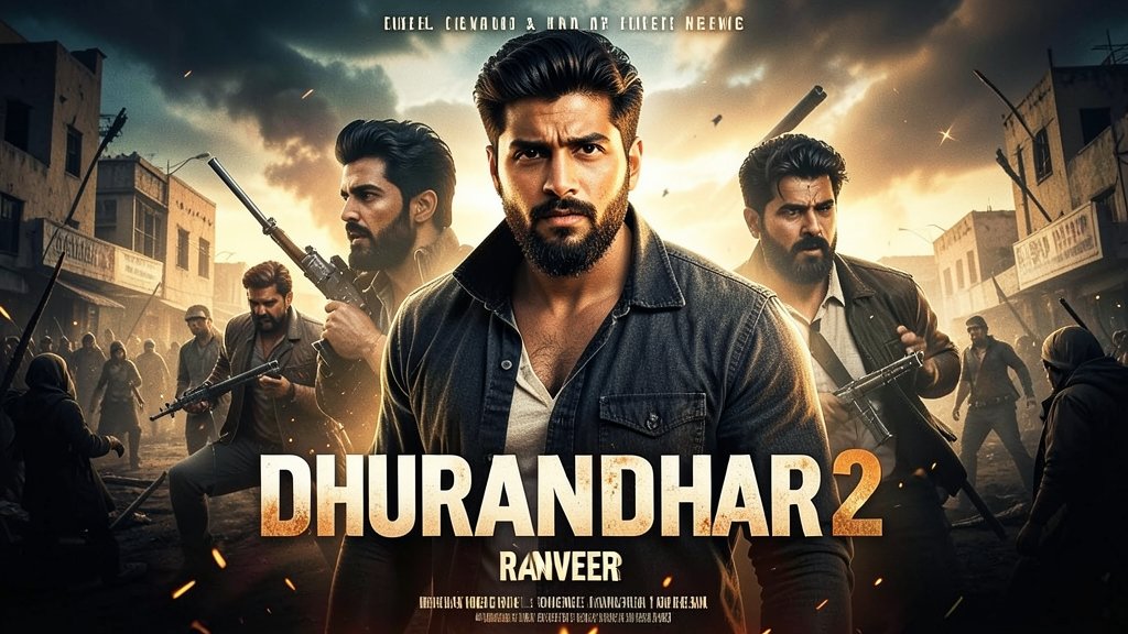 A poster of the movie Dhurandhar 2 with Ranveer Singh in the lead role, surrounded by elements of action, drama, and revenge.