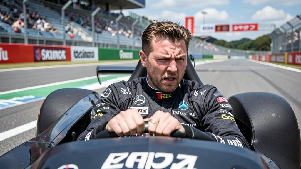 A photo of George Russell in his Mercedes car, with a determined expression, surrounded by the Japanese Grand Prix circuit
