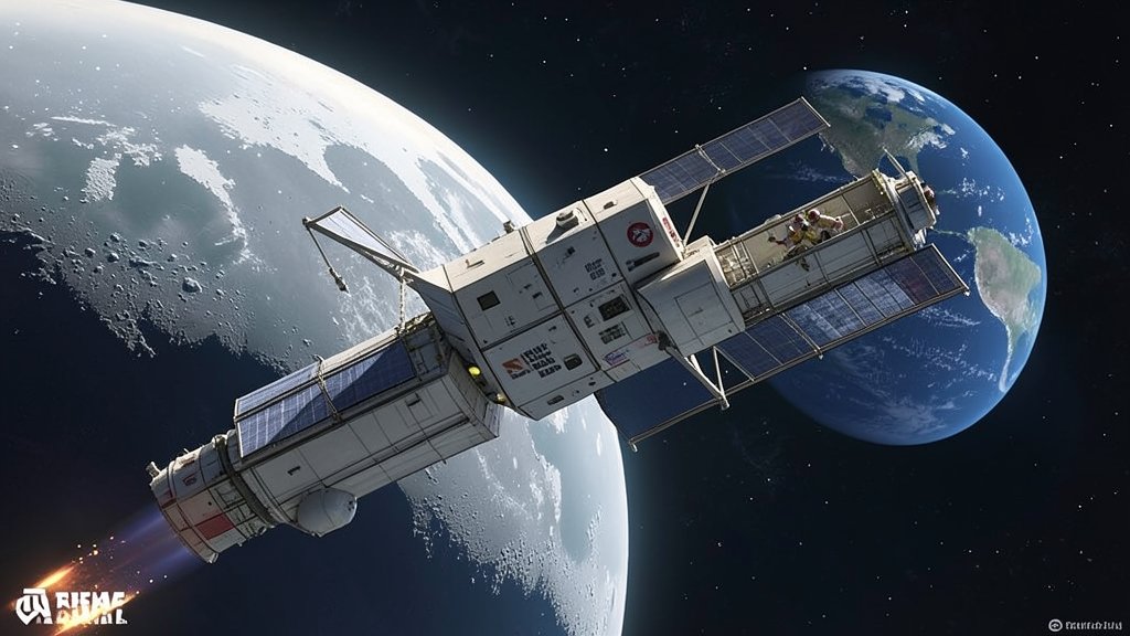 An illustration of the NASA Artemis 2 spacecraft approaching the moon with astronauts on board, with the Earth visible in the background.