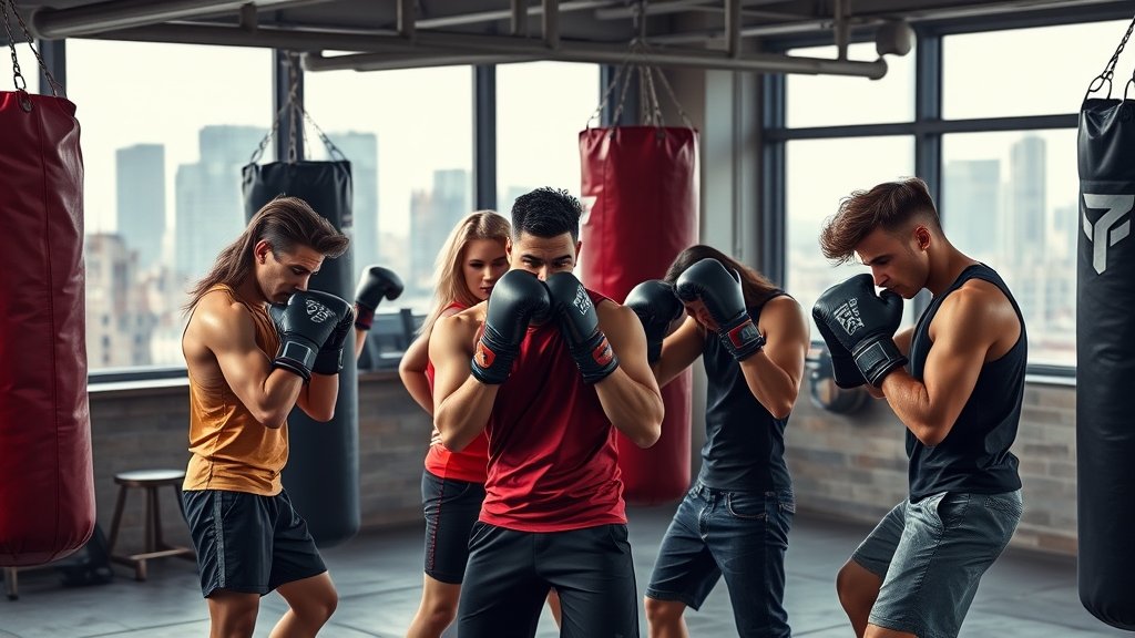 A group of young adults in a boxing gym, wearing gloves and punching bags, with a background of a cityscape and a subtle hint of a medical or scientific theme.