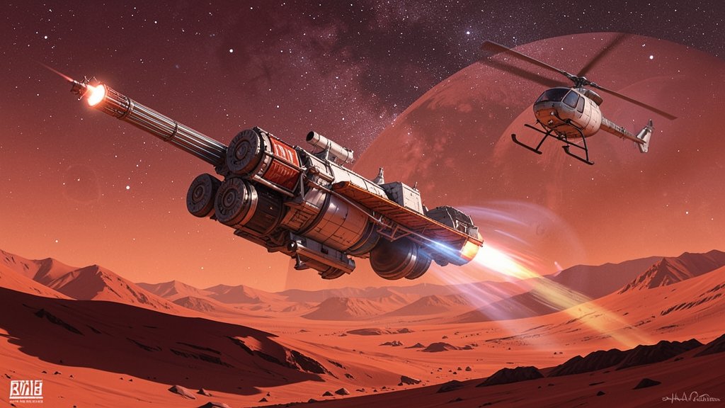 An illustration of a nuclear-powered spacecraft landing on Mars with a helicopter in the background, with a red planet landscape and stars in the sky.