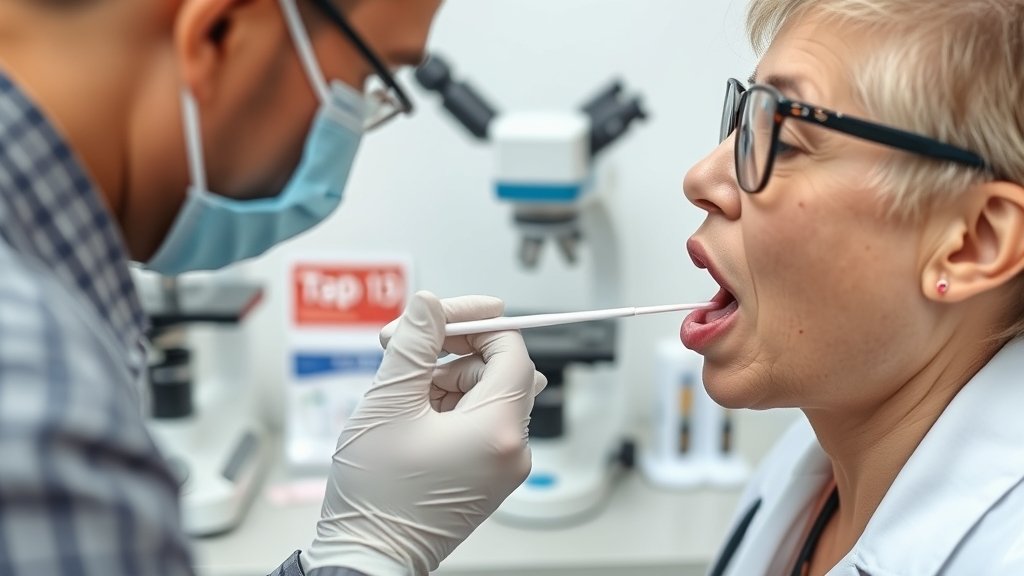A photo of a doctor taking a tongue swab from a patient, with a microscope and tuberculosis test kit in the background.