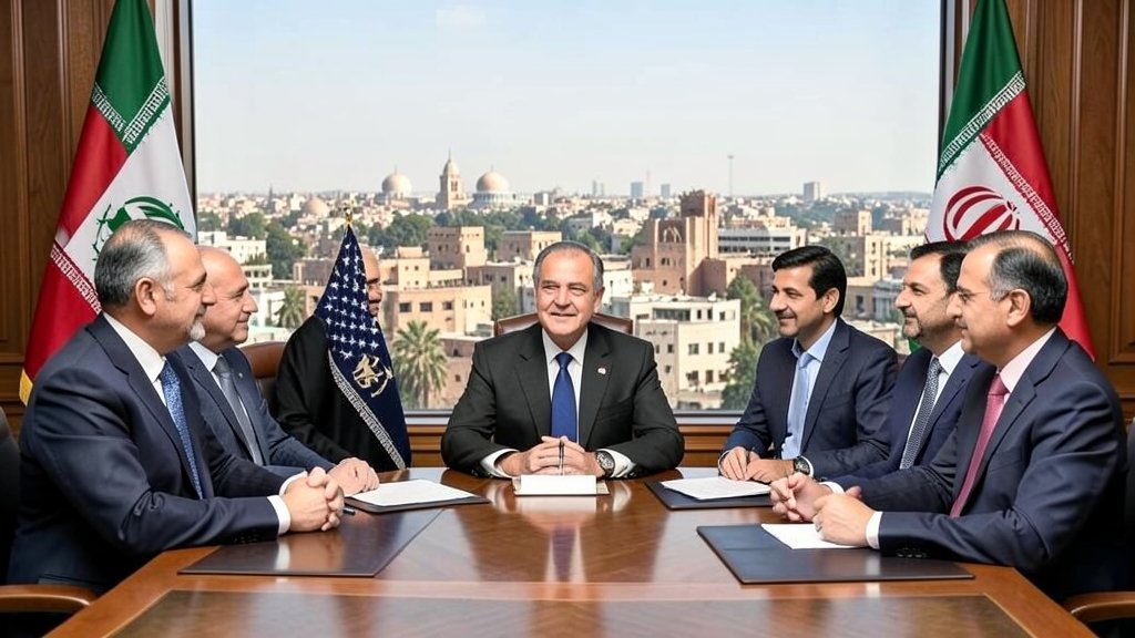 A photo of a Pakistani diplomat meeting with American and Iranian officials, with a backdrop of a Middle Eastern cityscape