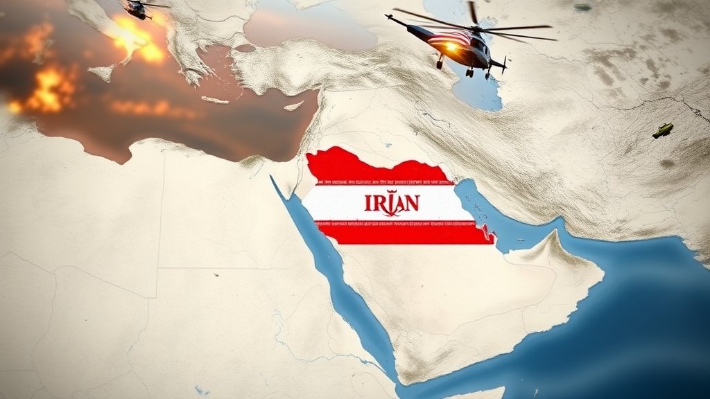 a map of the Middle East with Iran and the United States highlighted, with a subtle background image of a military operation or a diplomatic meeting