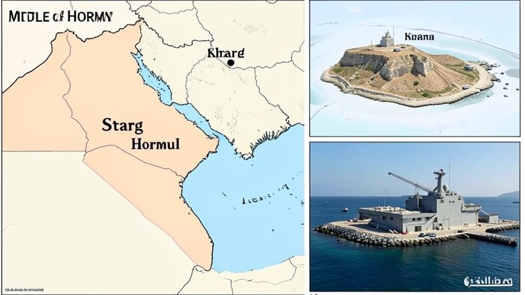 A map of the Middle East with Iran and the Strait of Hormuz highlighted, along with a picture of the Kharg island and a US military base in the background.