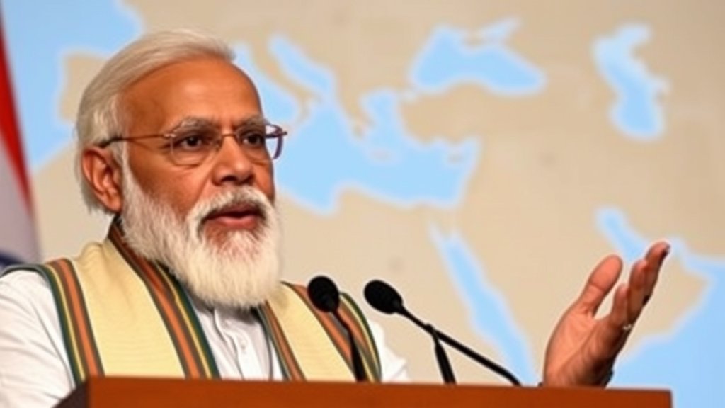 A photo of PM Modi addressing a press conference with a serious expression, with a map of the Middle East in the background