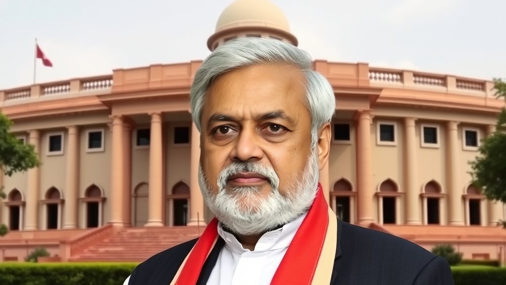 A photo of Nitish Kumar with a backdrop of the Bihar Legislative Council building, with a subtle hint of a changing political landscape