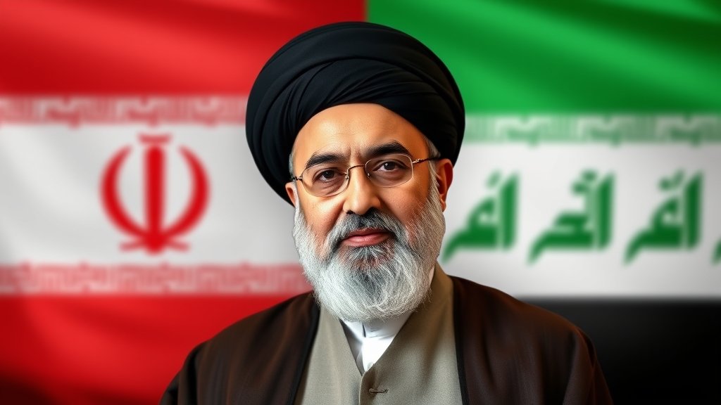 A photo of Mojtaba Khamenei with a subtle background of the Iranian and Iraqi flags, symbolizing the diplomatic relationship between the two countries.