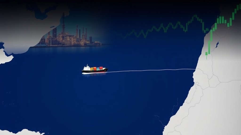 A map of the Strait of Hormuz with a cargo ship passing through, with a subtle background image of an oil refinery or a graph showing oil prices.