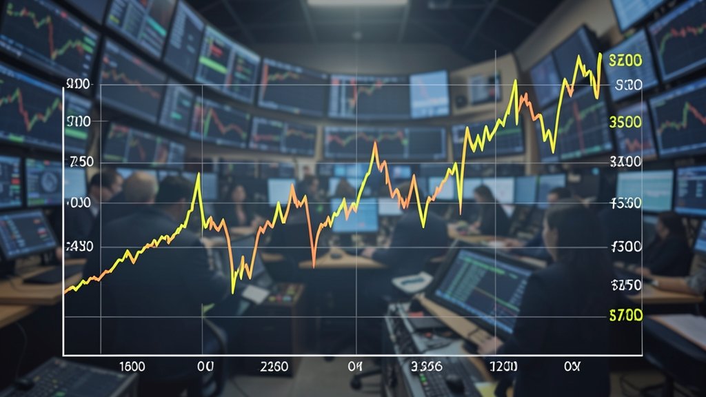 A graph showing the fluctuations in gold and silver prices over the past few months, with a background image of a stock market trading floor